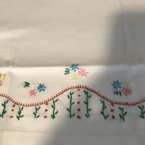 Pillowcase Single Vintage cotton heavy embroidery floral yellow pink aqua blue green Standard Size hand embroidered scalloped  farmhouse