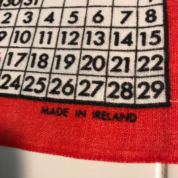 Vintage 1973 Folk Art Colorful Kitchen towel 18"x 28"  by Ulster Linen Ireland collectible displayred brown blue white Calendar