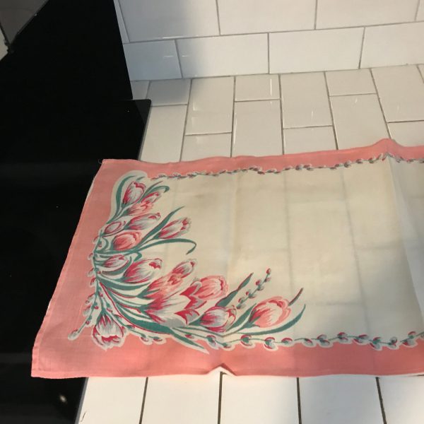 Vintage dresser scarf or table runner linen peach with coral crocus flowers kitchen bedroom collectible display