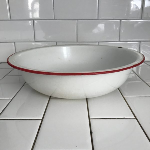 Vintage enameled bowl water animal white with red trim collectible farmhouse display kitchen decor camping