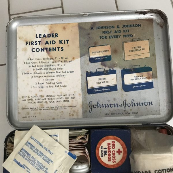 Vintage First Aid Kit with all Contents Johnson and Johnson metal can collectible pharmacy medical display