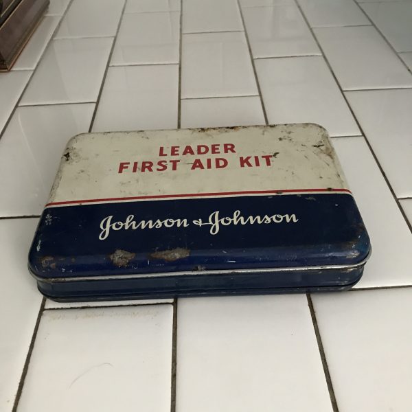 Vintage First Aid Kit with all Contents Johnson and Johnson metal can collectible pharmacy medical display