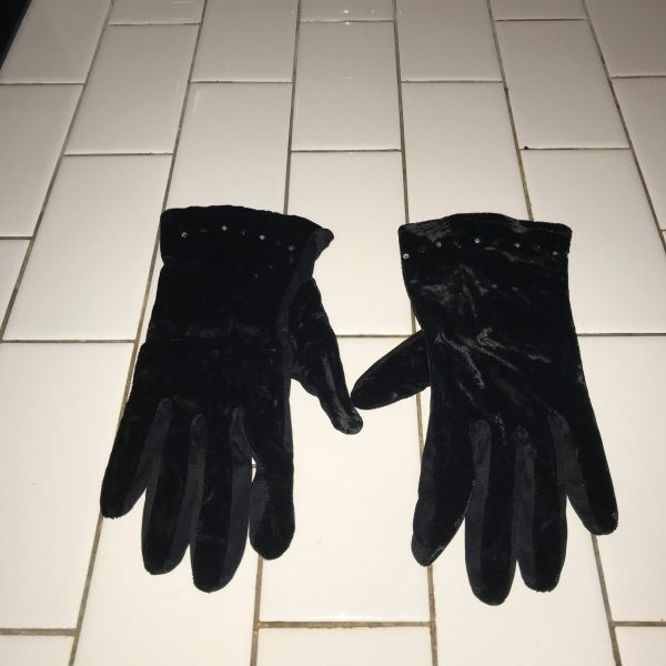 Vintage pair of black dress velvet gloves rhinestone cuffs collectible display movie tv prop 1950's women's size medium formal special event