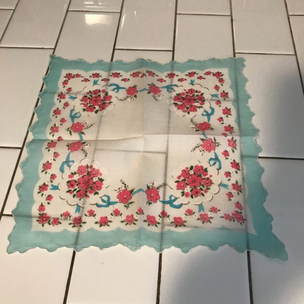 Vintage printed Pink and aqua floral handkerchief hanky collectible floral blue red pin display wedding special event
