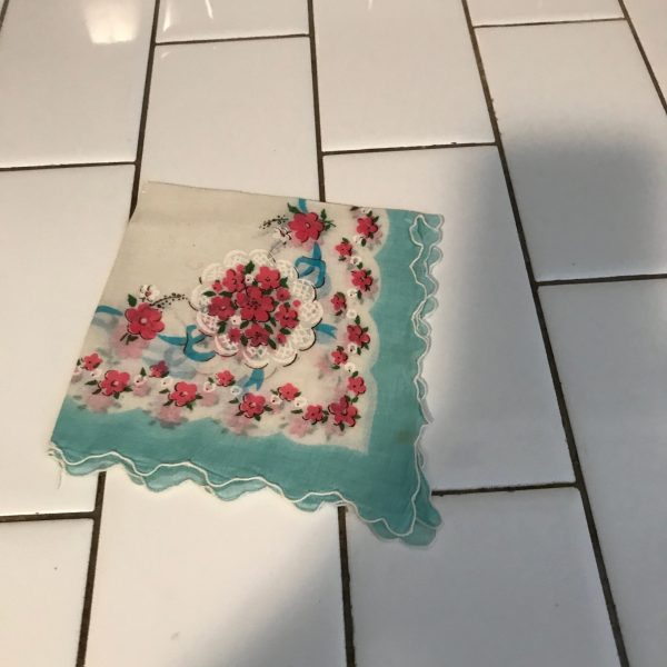 Vintage printed Pink and aqua floral handkerchief hanky collectible floral blue red pin display wedding special event