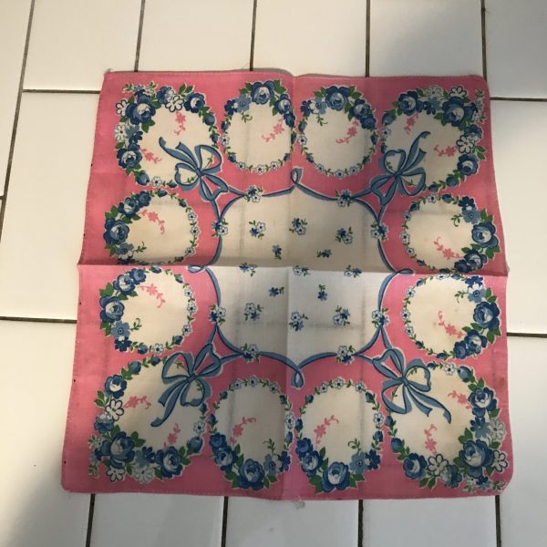 Vintage printed Pink and blue floral handkerchief hanky collectible floral blue red pin display wedding special event