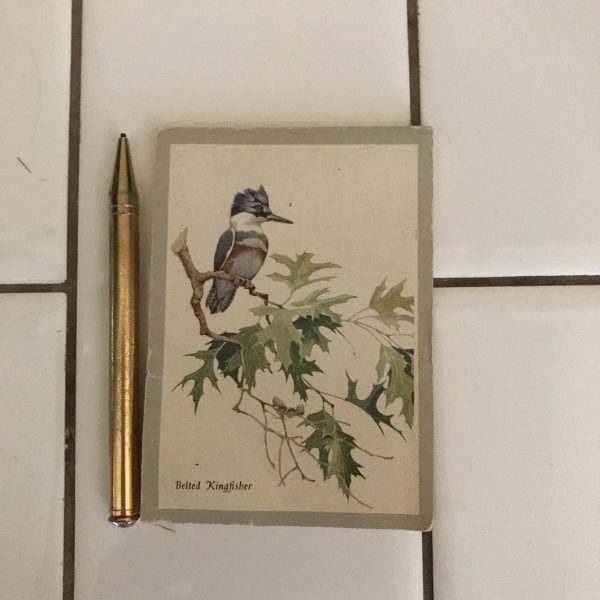 Vintage purse accessories small note pad with rhinestone end mechanical pencil collectible Belted Kingfisher bird front page