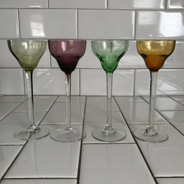 Vintage set of 4 crystal cordials glasses purple green amber light green display collectible special event evening dining