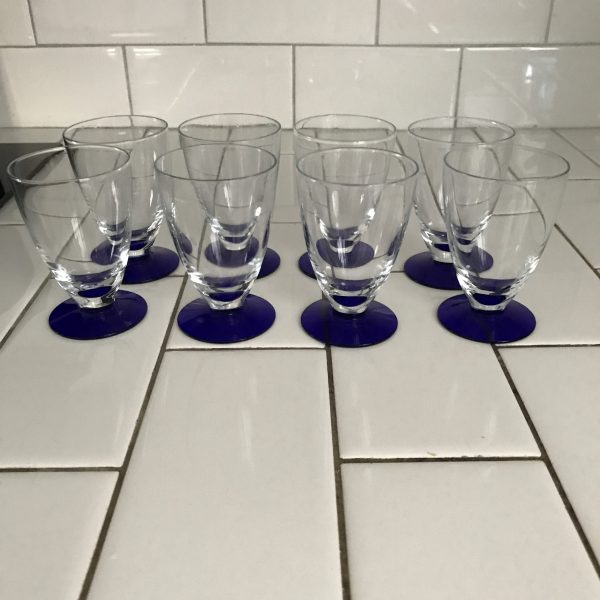 Vintage set of 8 cordials clear glass with cobalt blue bases collectible display special event dining barware