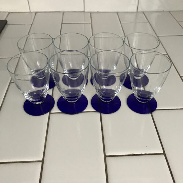 Vintage set of 8 cordials clear glass with cobalt blue bases collectible display special event dining barware