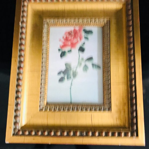 Vintage Signed Artwork Elaine Rose watercolor green leaves and thorns great detail farmhouse collectible bed and breakfast ornate gold frame