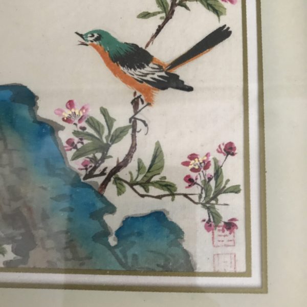 Vintage watercolor bird on silk Mid Century Japan gold frame under glass farmhouse collectible bed and breakfast