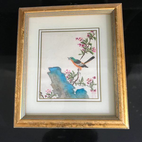 Vintage watercolor bird on silk Mid Century Japan gold frame under glass farmhouse collectible bed and breakfast