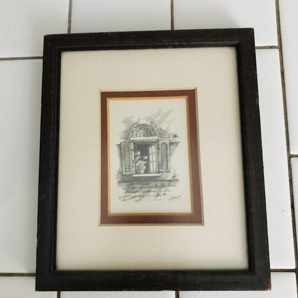 Vintage Window New Orleans by Caruso double matted wooden frame under glass farmhouse collectible bed and breakfast figurine