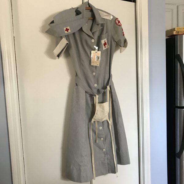 Vintage WWII Red Cross outfit dress nurses hat hosiery cloth face mask Red Cross patches blue striped cotton size small