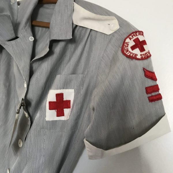 Vintage WWII Red Cross outfit dress nurses hat hosiery cloth face mask Red Cross patches blue striped cotton size small
