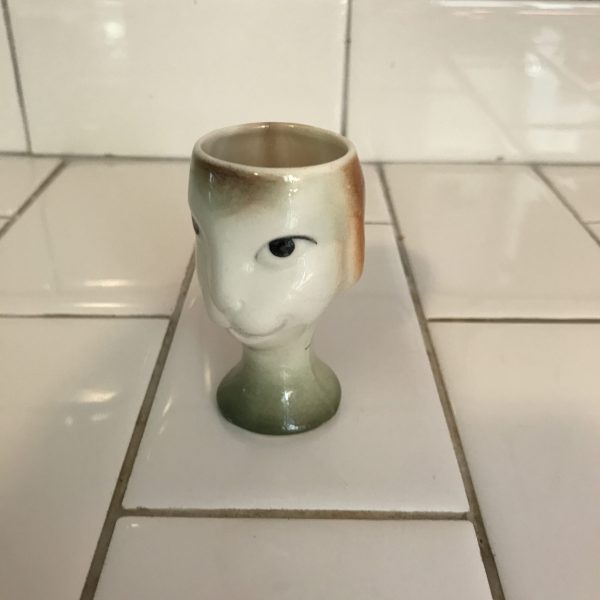 Anthropomorphic rabbit face egg cup unique JDP porcelain table top decor farmhouse collectible display