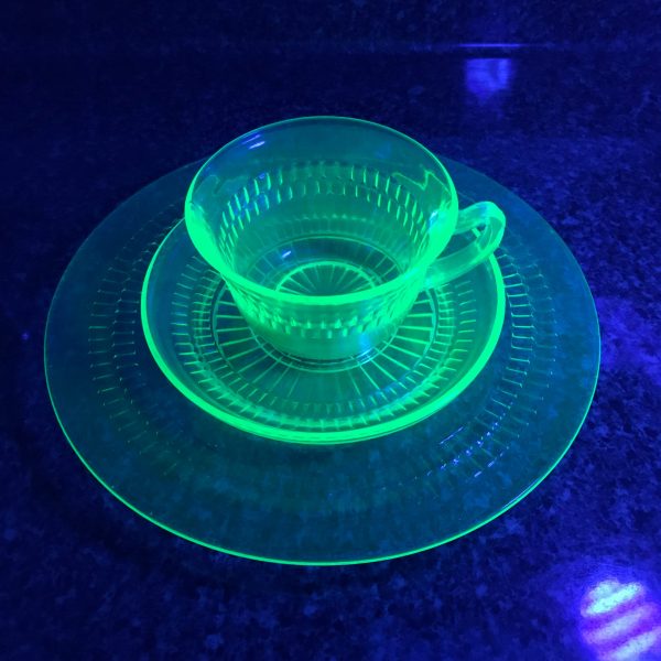 Beautiful Depression Glass Uranium Dinner set plate tea cup and saucer glows bright green under blacklight decor glass farmhouse display