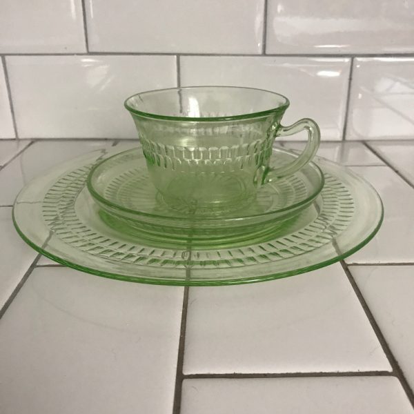 Beautiful Depression Glass Uranium Dinner set plate tea cup and saucer glows bright green under blacklight decor glass farmhouse display