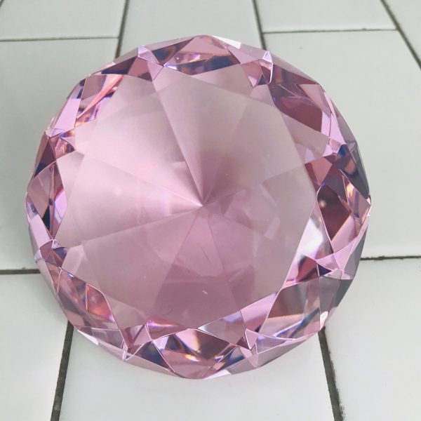 Beautiful Vintage Paperweight Cut crystal round pink diamond shape large size collectible display office home decor