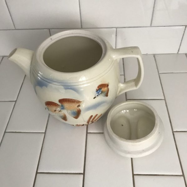Fantastic Teapot Raised Ducks & Cattails Vitreous Porcelain USA Periwinkle blue beige brown tea pot