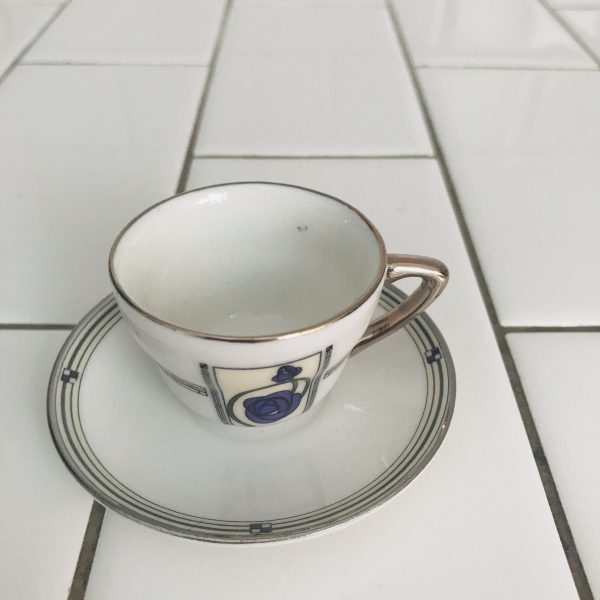 Miniature Vintage Tea cup and saucer with stand silver trim Macintosh Collections decorative collectible