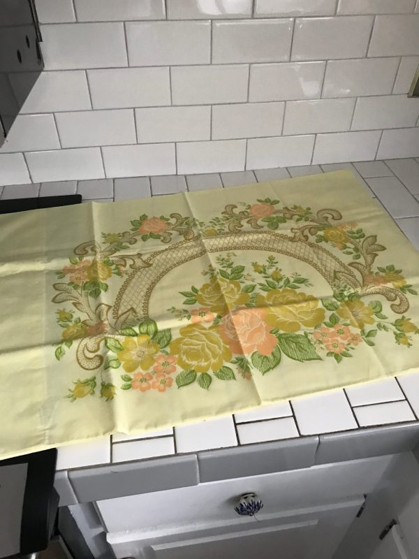 Pillowcase Single Vintage cotton heavy printed floral yellow peach green Standard Size USA farmhouse bed and breakfast guest room