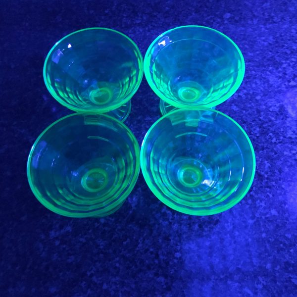 Set of 4 Uranium Glass Sherbet cups block optic dessert bowls fruit cups green glass farmhouse collectible display kitchen dining