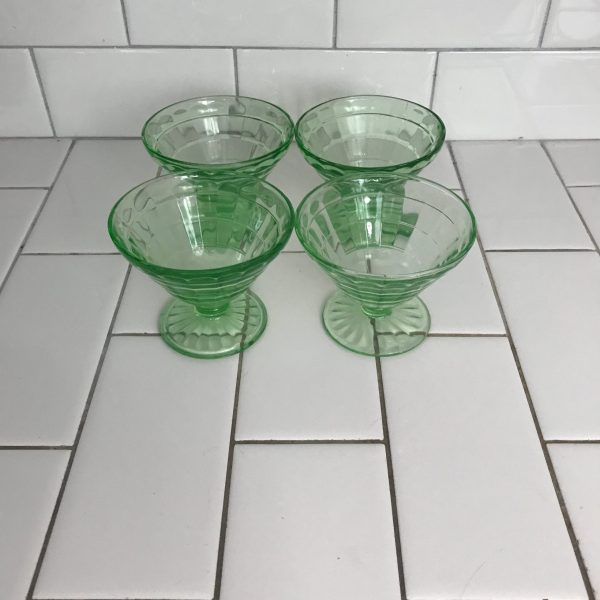 Set of 4 Uranium Glass Sherbet cups block optic dessert bowls fruit cups green glass farmhouse collectible display kitchen dining