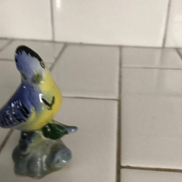 Vintage bird figurine mid century Japan fine china detailed blue and yellow with black details farmhouse cottage display