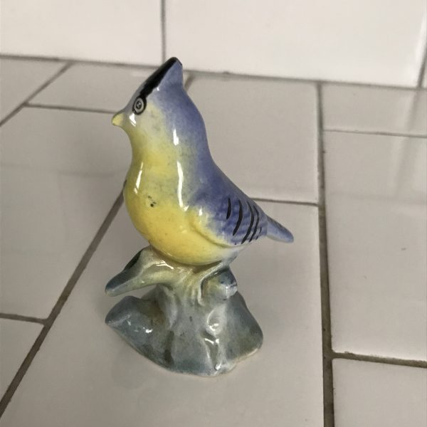 Vintage bird figurine mid century Japan fine china detailed blue and yellow with black details farmhouse cottage display
