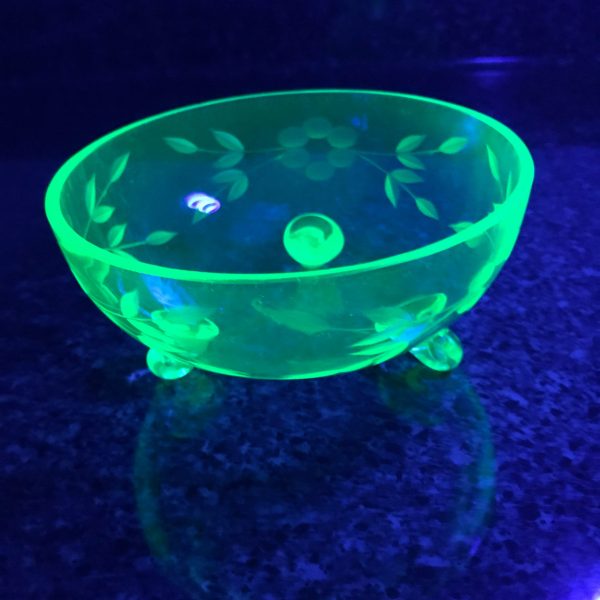 Vintage Bowl Decorative Uranium glass footed etched green accent decor collectible display watermarked Czechslovicia