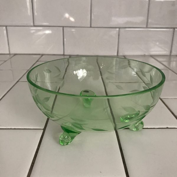 Vintage Bowl Decorative Uranium glass footed etched green accent decor collectible display watermarked Czechslovicia
