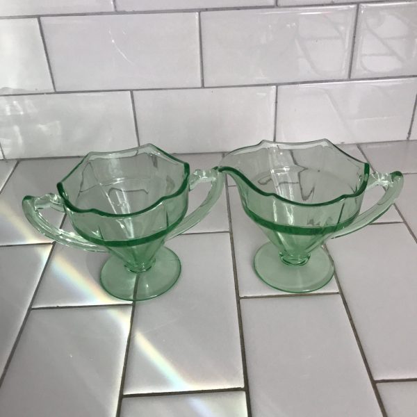 Vintage Cream pitcher and Sugar urnaium glass pedestal base display collectible farmhouse green glass glows under black light