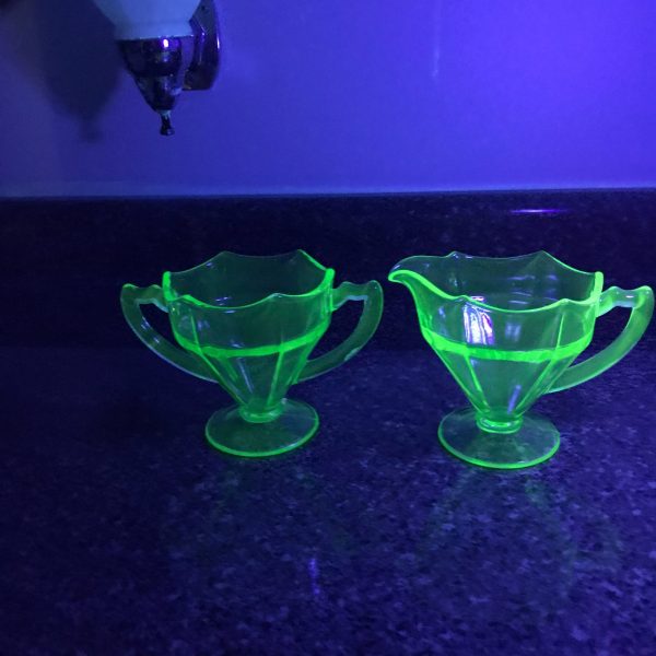 Vintage Cream pitcher and Sugar urnaium glass pedestal base display collectible farmhouse green glass glows under black light