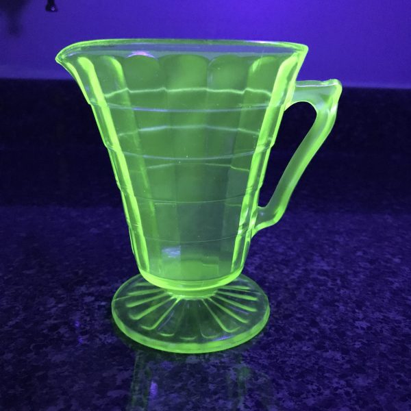 Vintage Cream pitcher block optic urnaium glass pedestal base display collectible farmhouse green glass glows under black light