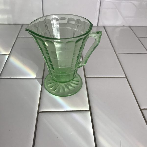 Vintage Cream pitcher block optic urnaium glass pedestal base display collectible farmhouse green glass glows under black light