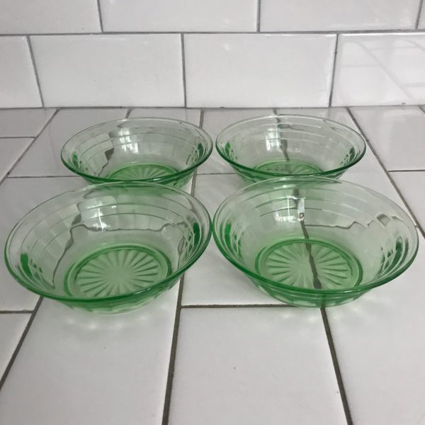 Vintage fruit bowls seet of 4 block optic urnaium glass ice cream snack display collectible farmhouse green glass