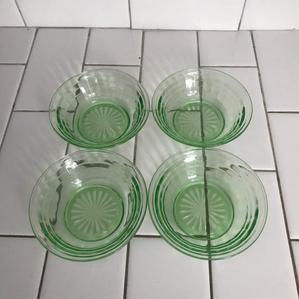 Vintage fruit bowls seet of 4 block optic urnaium glass ice cream snack display collectible farmhouse green glass