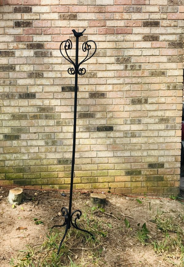 Vintage Iron Hat tree black with bird finial ornate scroll base and top