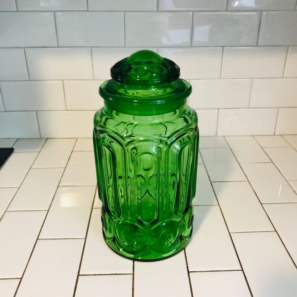 Vintage Large Apothercary Jar Canister cookie jar Storage moon and stars ground glass lid farmhouse candy display collectible emerald green