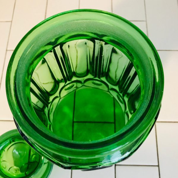 Vintage Large Apothercary Jar Canister cookie jar Storage moon and stars ground glass lid farmhouse candy display collectible emerald green