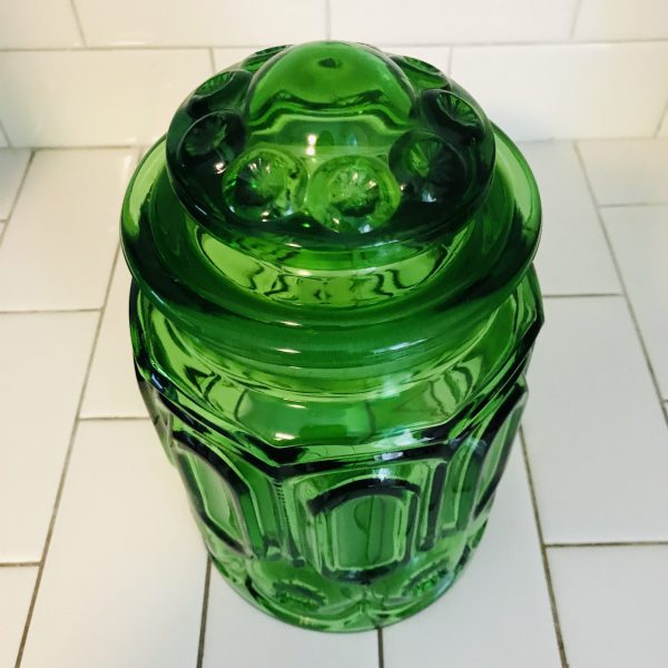 Vintage Medium Apothercary Jar Canister cookie jar Storage moon and stars ground glass lid farmhouse candy display collectible emerald green