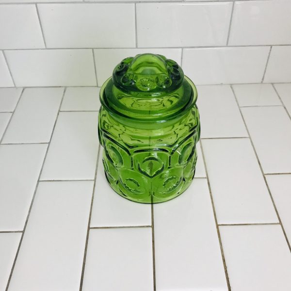 Vintage Medium Apothercary Jar Canister cookie jar Storage moon and stars ground glass lid farmhouse candy display collectible olive green