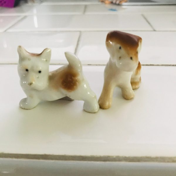 Vintage Miniature Dog Figurines fine china miniature brown and white collectible display farmhouse cottage bedroom