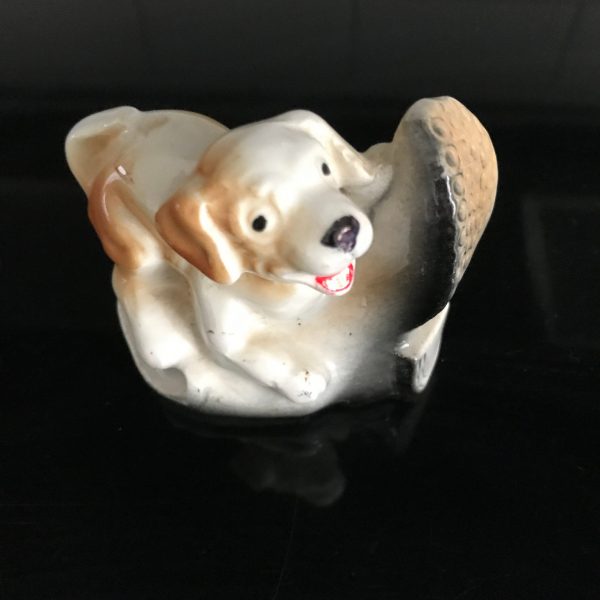 Vintage Miniature Dog with boot figurine collectible farmhouse display mid century Japan bone china