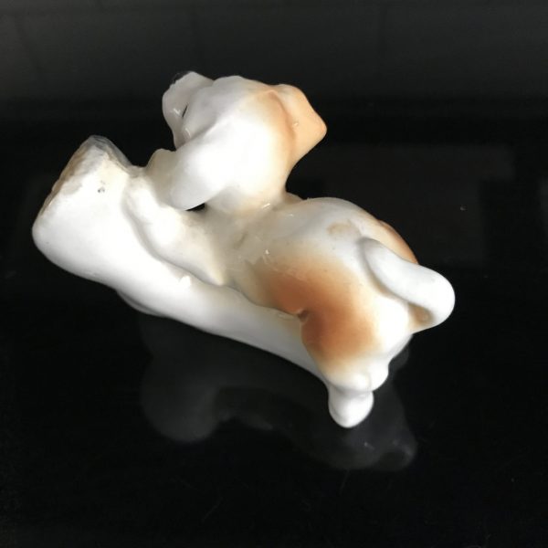 Vintage Miniature Dog with boot figurine collectible farmhouse display mid century Japan bone china