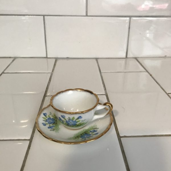 Vintage miniature tea cup and saucer Salisbury England fine bone china blue flowers farmhouse bed and breakfast trinket collectible