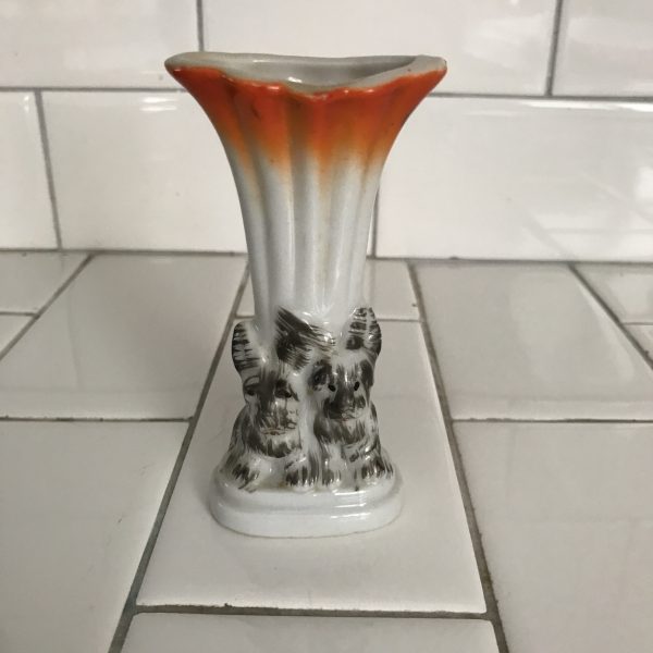 Vintage miniature Vase ribbed with Schnauzer dogs at base collectible display farmhouse display fine china mid century Japan