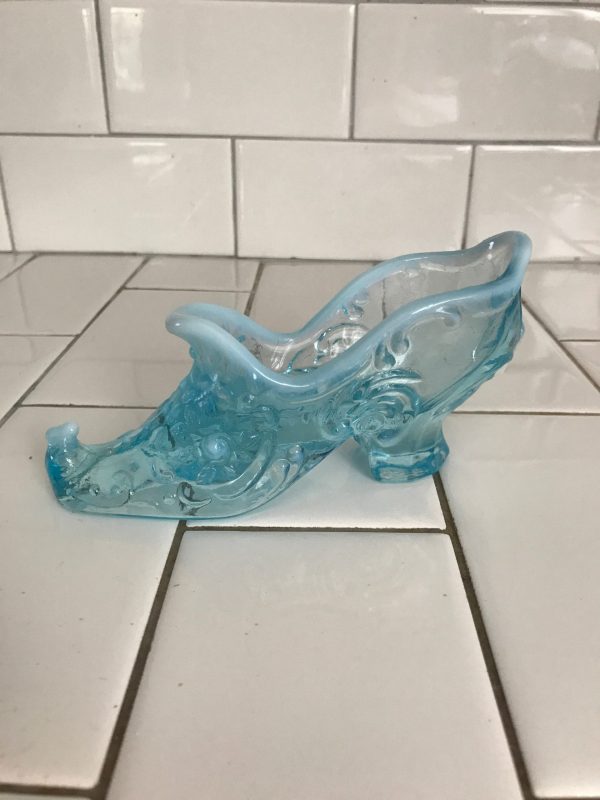 Vintage Shoe Figurine Glass Ice blue with opalescent rim collectible display farmhouse cottage shabby chic bed and breakfast